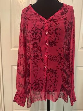 CAbi Fushia Sheer Button-Down Blouse with Scarf Medium